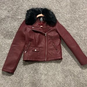 Red leather jacket with black fur